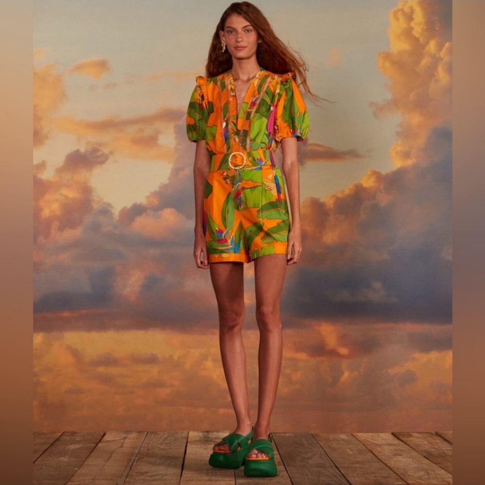 FARM RIO Orange Fresh Macaws Print Belted Romper Size X-Small
